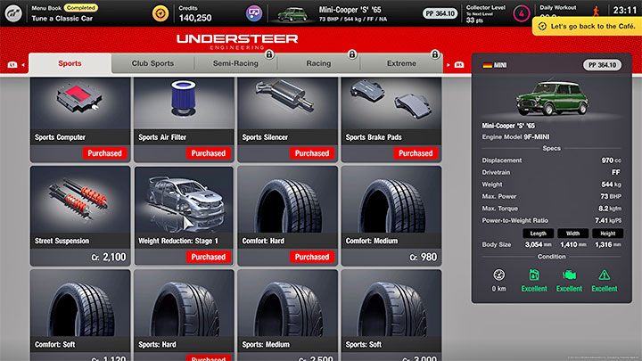 Odwiedźcie garaż i wybierzcie z niego samochód Mini-Cooper S 65, który otrzymaliście podczas zaliczania menu 3 - Gran Turismo 7: Kariera - Rozdziały / Menu 1-10 - Gran Turismo 7 - poradnik do gry