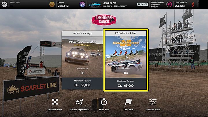 Na potrzeby opisywanej techniki grindu musicie zainteresować się wyścigiem Dirt Champions z powyższego obrazka - Gran Turismo 7: Grind i zarabianie kredytów - Fishermans Ranch - Gran Turismo 7 - poradnik do gry