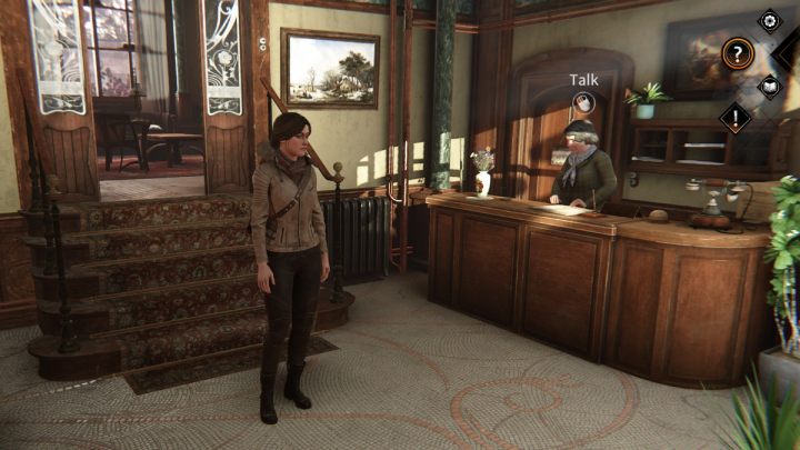 Zejdźcie na dół i porozmawiajcie z Frau Wagner przy ladzie - Syberia The World Before: Vaghen - dzielnica kwiatowa, jesień 2005 część 3 (Vaghen - flower district, autumn 2005 part 3) - solucja, opis przejścia - Syberia The World Before - poradnik do gry