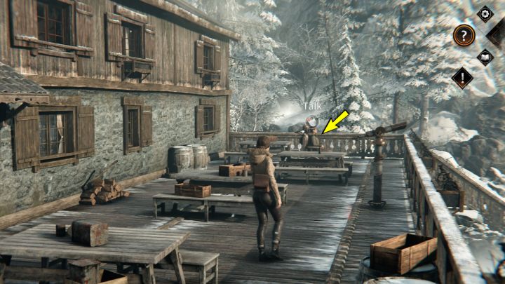 Opuśćcie budynek schroniska i porozmawiajcie z Leni przebywającą na tarasie - Syberia The World Before: Vaghen - schronisko Silberspiegel, jesień 2005 część 2 (Vaghen - Silberspiegel refuge, autumn 2005 part 2) - solucja, opis przejścia - Syberia The World Before - poradnik do gry