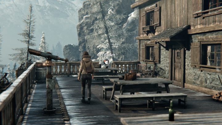 Zejdźcie z tarasu, przejdźcie przez most i kierujcie się w stronę tramwaju - Syberia The World Before: Vaghen - schronisko Silberspiegel, jesień 2005 część 2 (Vaghen - Silberspiegel refuge, autumn 2005 part 2) - solucja, opis przejścia - Syberia The World Before - poradnik do gry