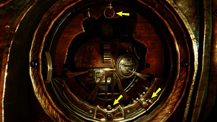 Uchwyt u góry służy do zatrzymywania mechanizmu serca - Syberia The World Before: Vaghen - schronisko Silberspiegel, jesień 2005 część 4 (Vaghen - Silberspiegel refuge, autumn 2005 part 4) - solucja, opis przejścia - Syberia The World Before - poradnik do gry