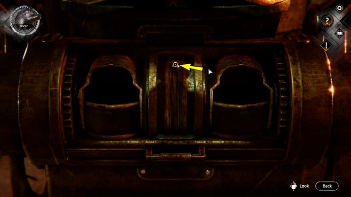 Przełączcie się na Oskara i kliknijcie 1 raz na strzałkę w górę, aby maszyna trochę się podniosła - Syberia The World Before: Vaghen - schronisko Silberspiegel, jesień 2005 część 4 (Vaghen - Silberspiegel refuge, autumn 2005 part 4) - solucja, opis przejścia - Syberia The World Before - poradnik do gry