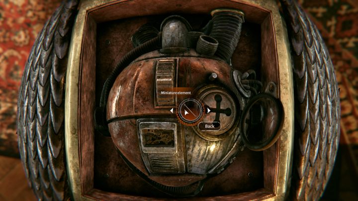 Włóżcie serce Oskara do kuli, otwórzcie pokrywkę i włóżcie miniaturowy element do dziurki na klucz - Syberia The World Before: Vaghen - Dzielnica antykwariuszy, jesień 2005 (Vaghen - Antiques district, jesień 2005) - solucja, opis przejścia - Syberia The World Before - poradnik do gry