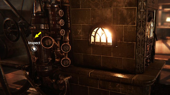 Obróćcie kamerę na lewy bok pieca i wsadźcie zawór do rury nad cyfrą 2 - Syberia The World Before: Vaghen - schronisko Silberspiegel, lato 1937 część 1(Vaghen - Silberspiegel refuge, summen 1937 part 1) - solucja, opis przejścia - Syberia The World Before - poradnik do gry