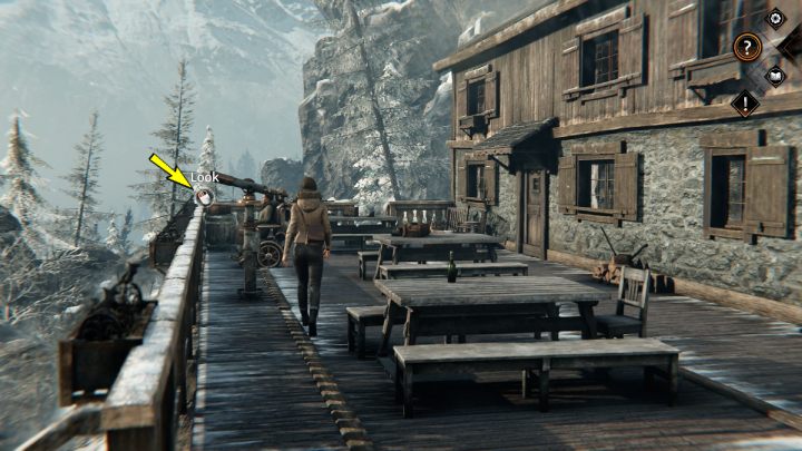 Podejdźcie do balustrady i przyjrzyjcie się widokowi na góry - Syberia The World Before: Vaghen - schronisko Silberspiegel, jesień 2005 część 1 (Vaghen - Silberspiegel refuge, autumn 2005 part 1) - solucja, opis przejścia - Syberia The World Before - poradnik do gry