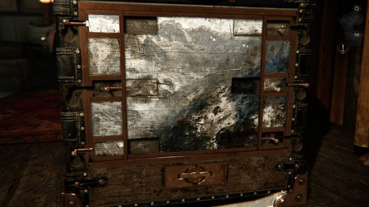Po prawej stronie kufra należy ustawić odpowiednie obrazki, przesuwając je za pomocą małych uchwytów - Syberia The World Before: Vaghen - schronisko Silberspiegel, jesień 2005 część 1 (Vaghen - Silberspiegel refuge, autumn 2005 part 1) - solucja, opis przejścia - Syberia The World Before - poradnik do gry