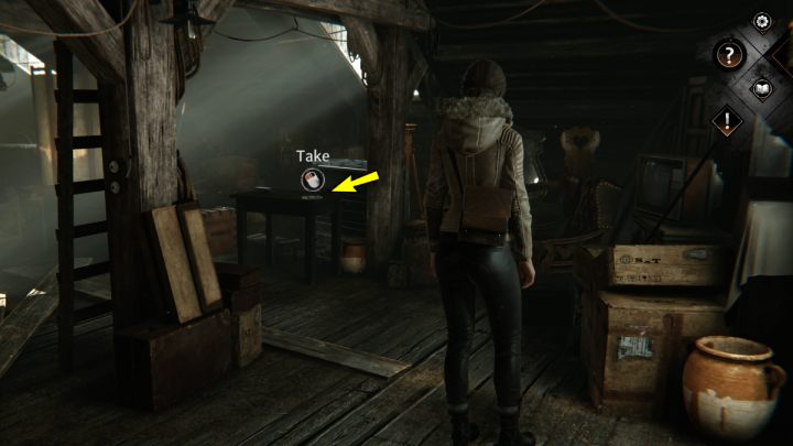 Podnieście szpulę filmową (take-up reel) leżącą na stoliku na strychu - Syberia The World Before: Vaghen - schronisko Silberspiegel, lato 1937 część 2 (Vaghen: Silberspiegel refuge, summer 1937 part 2) - solucja, opis przejścia - Syberia The World Before - poradnik do gry