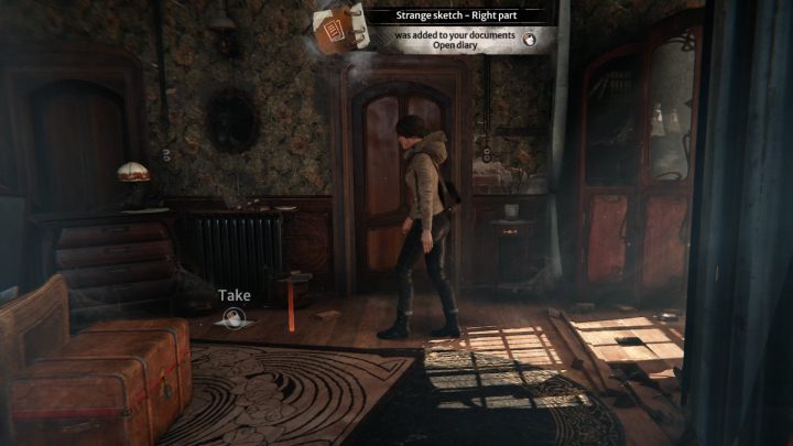 Podnieście dyplom z podłogi, leżący w pobliżu łóżka - Syberia The World Before: Vaghen - most Mgieł, jesień 2005 część 1 (Vaghen - bridge of Mists, autumn 2005 part 1) - solucja, opis przejścia - Syberia The World Before - poradnik do gry