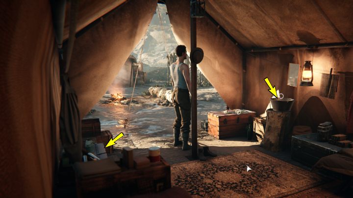 Umyjcie twarz w misce, następnie zbadajcie sprzęt po lewej stronie namiotu - Syberia The World Before: Baltayar - góra, jesień 1937 (Baltayar - mountain, autumn 1937) - solucja, opis przejścia - Syberia The World Before - poradnik do gry