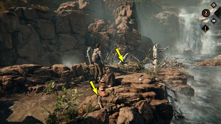 Podnieście proste gałęzie (straight branches), przy których stoi Leon, następnie zbadajcie kawałki liany (liana strips) przy powalonych kłodach - Syberia The World Before: Baltayar - góra, jesień 1937 (Baltayar - mountain, autumn 1937) - solucja, opis przejścia - Syberia The World Before - poradnik do gry