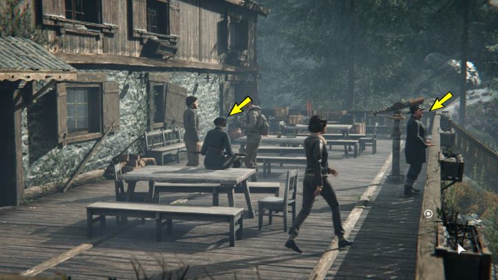 Wyjdźcie na taras i porozmawiajcie z Leni oraz z mężczyzną stojącym przy balustradzie - Syberia The World Before: Vaghen - schronisko Silberspiegel 1944 (Vaghen - Silberspiegel refuge 1944) - solucja, opis przejścia - Syberia The World Before - poradnik do gry