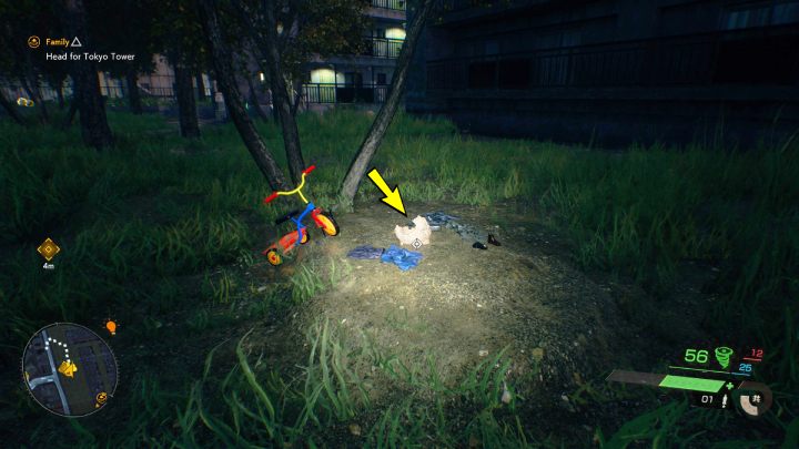 Relikt leży na ziemi obok roweru dziecięcego w małym lesie obok budynków mieszkalnych, na północny wschód od świątyni Shiratsuki - Ghostwire Tokyo: Relikty, północne Tokio (Relics Northern Tokyo) - lista wszystkich - Ghostwire Tokyo - poradnik do gry