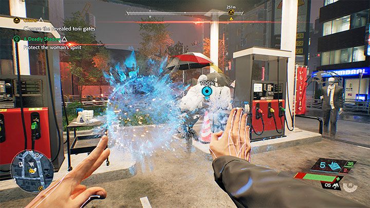 Przed Wami duża bitwa, w trakcie której nie możecie doprowadzić do tego żeby poziom energii ochranianego ducha spadł do 0% - Ghostwire Tokyo: Zabójczy cień (A Deadly Shadow) - solucja, opis przejścia - Ghostwire Tokyo - poradnik do gry