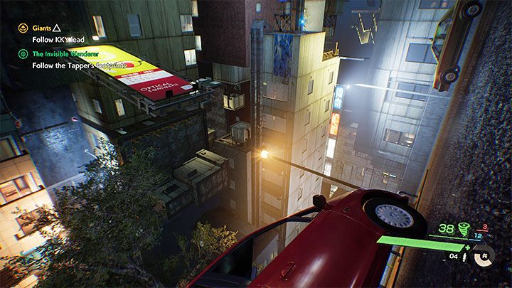 Niedługo po wyjściu z windy dotrzecie do lokacji z obrazka, w której znajduje się ruchoma platforma - Ghostwire Tokyo: Niewidzialny wędrowiec (The Invisible Wanderer) - solucja, opis przejścia - Ghostwire Tokyo - poradnik do gry