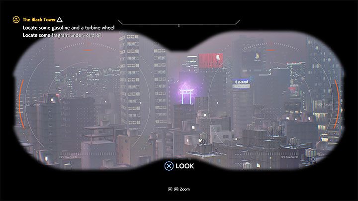 Na dachu wieżowca znajdziecie lornetkę i możecie po wejściu w interakcję z nią zacząć odnajdywać interaktywne obszary nadające się do zbadania - Ghostwire Tokyo: Czarna wieża (The Black Tower) - solucja, opis przejścia - Ghostwire Tokyo - poradnik do gry