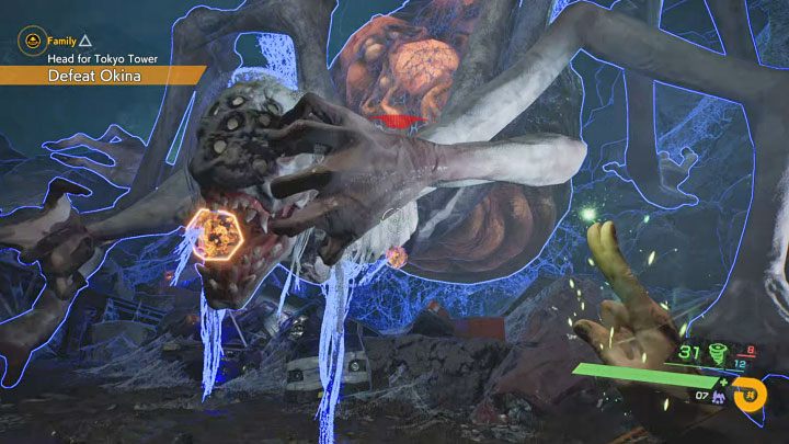 Użycie spektralnej wizji w sąsiedztwie bossa pozwoli Wam ustalić, że Okina ma dwa słabe punkty - są one zlokalizowane na paszczy i w dolnej części tułowia - Ghostwire Tokyo: Rodzina (Family) - solucja, opis przejścia - Ghostwire Tokyo - poradnik do gry