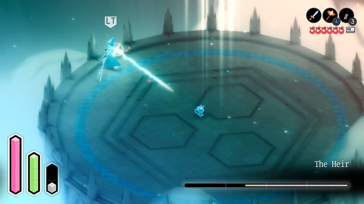 Oprócz tego Spadkobierca wystrzeliwuje również serię trzech mierzonych pocisków lecących w linii prostej, a także sprowadza na liska pociski lecące z nieba w miejsca oznaczane charakterystycznym kółkiem, jak i generuje rozszerzające się okręgi, których magiczne brzegi zadają obrażenia - Tunic: Spadkobierca (The Heir) - boss, jak pokonać? - Tunic - poradnik do gry