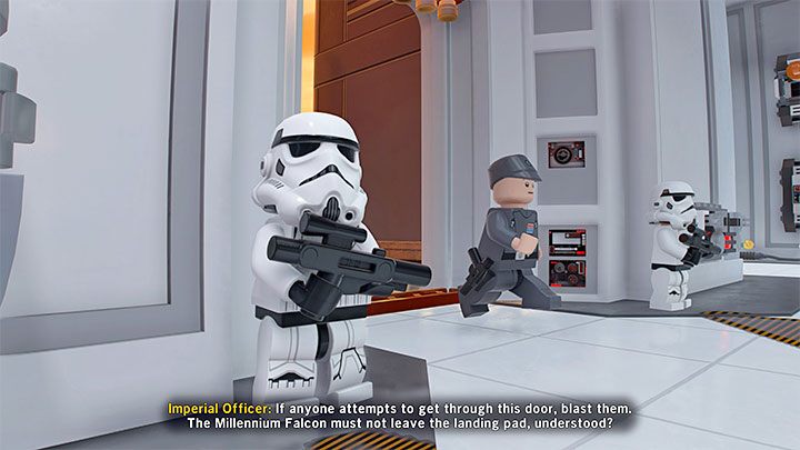 Po dostatecznym zbliżeniu się do przejścia na lądowisko załączy się cut-scenka z oficerem posiadającym kartę dostępu - LEGO Skywalker Saga: Stacja hibernacja (Hibernation Station) - solucja, opis przejścia - LEGO Skywalker Saga - poradnik do gry