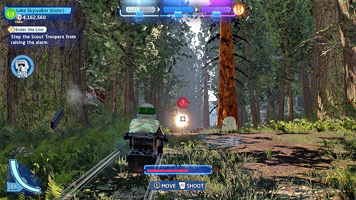 Po wygranej bitwie wskoczcie na jeden ze ścigaczy po to żeby rozpocząć scenę pościgu w lesie - LEGO Skywalker Saga: Koniec Endor-ogi (Endor the Line) - solucja, opis przejścia - LEGO Skywalker Saga - poradnik do gry