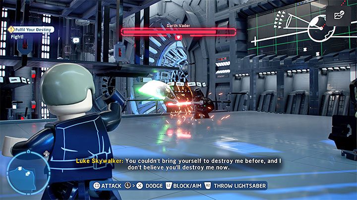 Idealną taktyką na osłabianie Vadera jest rzucanie mieczem świetlnym, dzięki czemu nie trzeba ryzykować przystępowania do bezpośrednich starć z bossem - LEGO Skywalker Saga: Darth Vader i Imperator Palpatine (Emperor Palpatine) - boss, jak pokonać? - LEGO Skywalker Saga - poradnik do gry