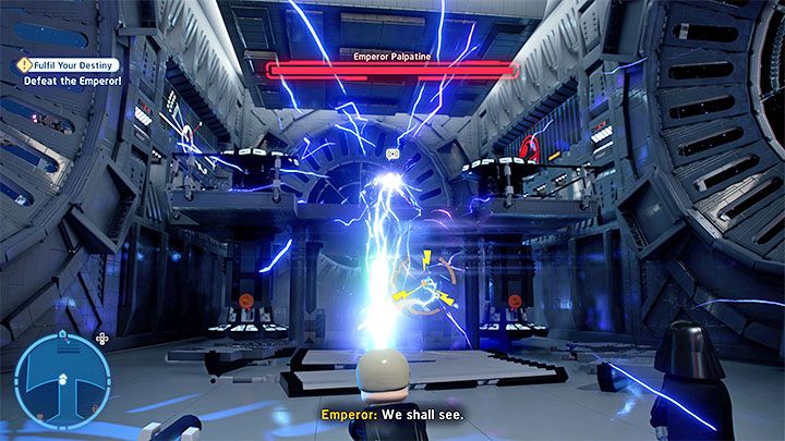Musicie rozpocząć od odparcia pierwszego z kilku ataków błyskawicami - LEGO Skywalker Saga: Darth Vader i Imperator Palpatine (Emperor Palpatine) - boss, jak pokonać? - LEGO Skywalker Saga - poradnik do gry
