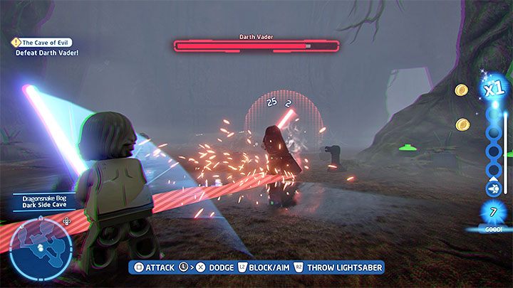 Oprócz atakowania Vadera reagujcie również na jego silniejsze ataki symbolizowane przez czerwone linie i okręgi - LEGO Skywalker Saga: Darth Vader - boss, jak pokonać? - LEGO Skywalker Saga - poradnik do gry