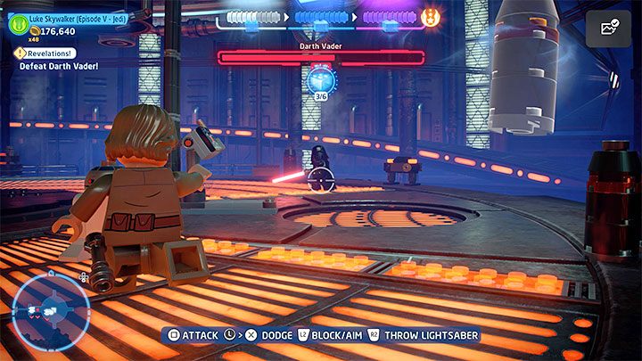 W osłabianiu bossa najlepiej sprawdza się wspomniana wcześniej na tej stronie technika rzucania mieczem świetlnym (uwaga - w pierwszej fazie walki może wystąpić błąd z poprawnym celowaniem i możecie zostać zmuszeni do tradycyjnych zamachnięć) - LEGO Skywalker Saga: Darth Vader - boss, jak pokonać? - LEGO Skywalker Saga - poradnik do gry
