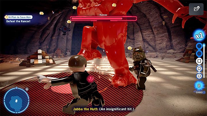 Uważajcie w trakcie tej walki na czerwone linie i okręgi, które symbolizują wszystkie silne ataki, m - LEGO Skywalker Saga: Rankor (Rancor) - boss, jak pokonać? - LEGO Skywalker Saga - poradnik do gry