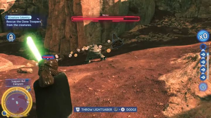 Podążajcie za wyznacznikiem na teren kanionu i pokonajcie pierwszego potwora - Nexu - LEGO Skywalker Saga: Kreaturowa katastrofa (Creature Calamity) - solucja, opis przejścia - LEGO Skywalker Saga - poradnik do gry