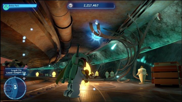 Ten klocek wisi zaraz pod sufitem w dolnej części miasta - LEGO Skywalker Saga: Jezioro Paonga - lista wszystkich łamigłówek - LEGO Skywalker Saga - poradnik do gry