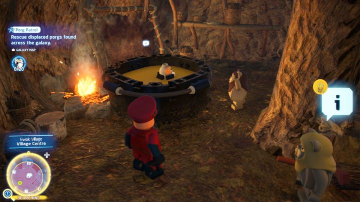Porg znajduje się w garnku z zupą w jednej z chatek w centrum wioski - LEGO Skywalker Saga: Porgowy patrol (Porg Patrol) - solucja, opis przejścia - LEGO Skywalker Saga - poradnik do gry