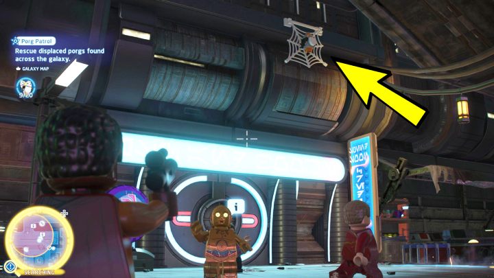 Porg będzie uwięziony w pajęczynie na ścianie budynku - LEGO Skywalker Saga: Porgowy patrol (Porg Patrol) - solucja, opis przejścia - LEGO Skywalker Saga - poradnik do gry