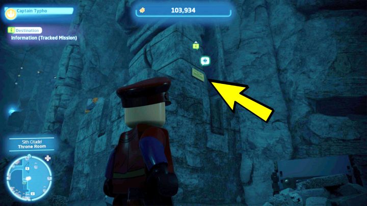 Tabliczka wisi wysoko na ścianie, obok tronu - LEGO Skywalker Saga: Koneser kryzysów (Contingency Curioso) - solucja, opis przejścia - LEGO Skywalker Saga - poradnik do gry