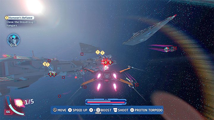 W ostatniej części misji otrzymacie zadanie zamknięcia 4 hangarów niszczyciela i będą do tego potrzebne torpedy fotonowe, które możecie pozyskiwać niszcząc myśliwce pozostawiające po sobie fioletowe smugi - LEGO Skywalker Saga: Pucz Poego (Damerons Defiance) - solucja, opis przejścia - LEGO Skywalker Saga - poradnik do gry