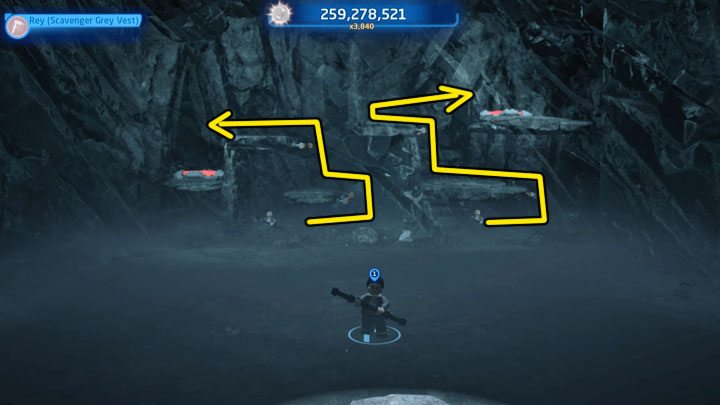 Czwarta zagadka zakłada kontrolowanie 2 odbić i dla obu wspólny jest początek - pobiegnijcie w prawo, wykonajcie skok i pobiegnijcie w lewo (prawe odbicie musi dotrzeć do końca swojej półki) - LEGO Skywalker Saga: Bliskie spotkania pierwszego Snokea (No Snoke Without Fire) - solucja, opis przejścia - LEGO Skywalker Saga - poradnik do gry