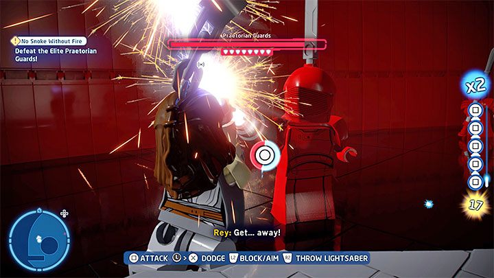 Podczas walk może dochodzić do scen siłowania się, w trakcie których należy szybko wciskać (mashować) wskazany przycisk żeby wychodzić zwycięsko z danej próby i unikać odnoszenia obrażeń - LEGO Skywalker Saga: Bliskie spotkania pierwszego Snokea (No Snoke Without Fire) - solucja, opis przejścia - LEGO Skywalker Saga - poradnik do gry