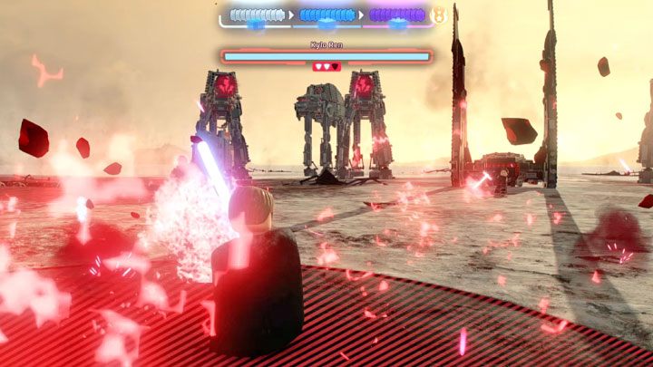 Za każdym razdym gdy Kylo Ren straci pełny pasek energii wyda rozkaz zmasowanego ostrzału wymierzonego w Lukea - LEGO Skywalker Saga: Sól w oku Kylo (Ground A-salt) - solucja, opis przejścia - LEGO Skywalker Saga - poradnik do gry