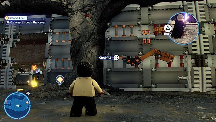Drugi wariant zakłada zbadanie dolnego obszaru i złapanie się prawego zaczepu z obrazka 1 - LEGO Skywalker Saga: Sól w oku Kylo (Ground A-salt) - solucja, opis przejścia - LEGO Skywalker Saga - poradnik do gry