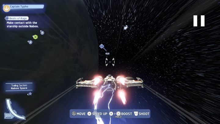 Podlećcie do niebieskiego wyznacznika na ekranie i pokonajcie ostatnią falę wrogich statków - LEGO Skywalker Saga: Agresja antyfanów (Beats of Rage) - solucja, opis przejścia - LEGO Skywalker Saga - poradnik do gry