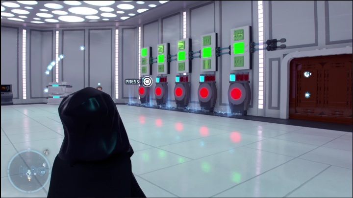 Żeby zdobyć tę znajdźkę musicie odpowiednio ustawić przełączniki używając przycisku wyświetlonego na ekranie - LEGO Skywalker Saga: Miasto w chmurach - lista wszystkich łamigłówek - LEGO Skywalker Saga - poradnik do gry