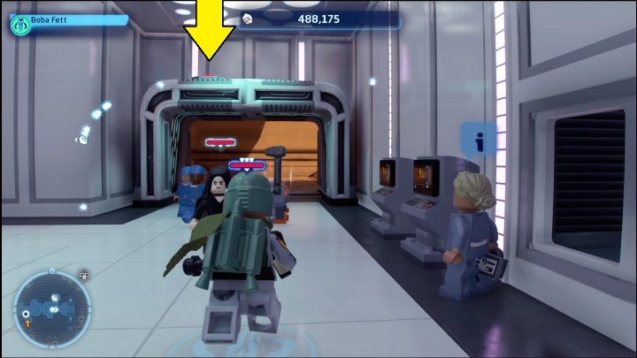 Dotarcie do kolejnego klocka znajdującego się na ostatnim piętrze Miasta w Chmurach, wymaga uruchomienia przycisku znajdującego się nad drzwiami - LEGO Skywalker Saga: Miasto w chmurach - lista wszystkich łamigłówek - LEGO Skywalker Saga - poradnik do gry