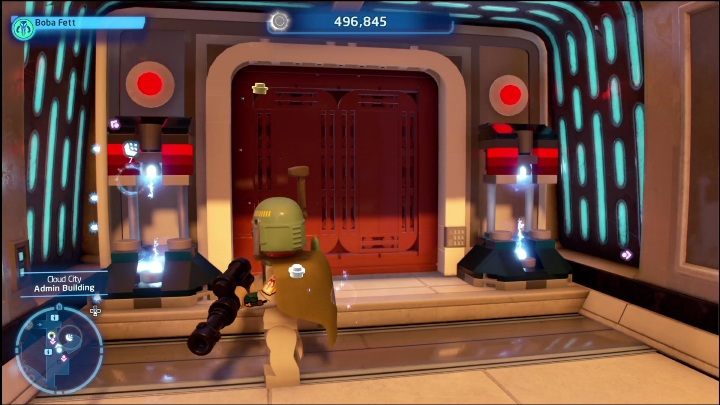 Do zdobycia tej znajdźki potrzebujecie aż 4 baterii: 2 do otwarcia drzwi do budynków i 2 do pomieszczenia wewnątrz - LEGO Skywalker Saga: Miasto w chmurach - lista wszystkich łamigłówek - LEGO Skywalker Saga - poradnik do gry