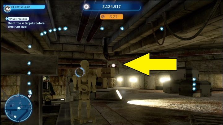 Ten klocek zamknięty jest w skrzyni, aby się do niego dostać musicie zestrzelić 4 punkty w 10 sekund - LEGO Skywalker Saga: Wielka Świątynia - lista wszystkich łamigłówek - LEGO Skywalker Saga - poradnik do gry