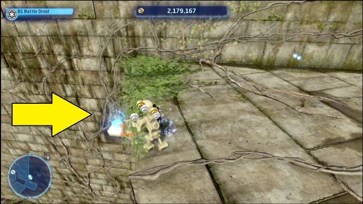 Ten klocek Kyber leży na niewielkiej platformie, na zboczu budynku - LEGO Skywalker Saga: Wielka Świątynia - lista wszystkich łamigłówek - LEGO Skywalker Saga - poradnik do gry