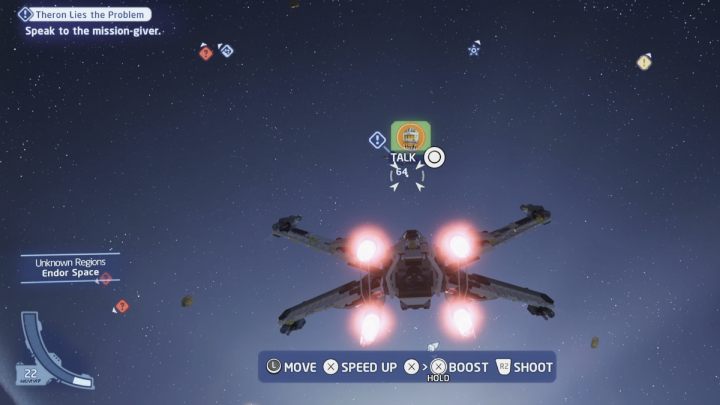 Porozmawiajcie ze zleceniodawcą w przestrzeni kosmicznej planety Endor i przyjmijcie od niego zadanie - LEGO Skywalker Saga: Kontrabanda na medal (Theron Lies the Problem) - solucja, opis przejścia - LEGO Skywalker Saga - poradnik do gry