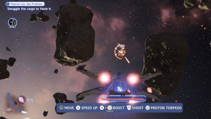 Wybierzcie się w przestrzeń lokalną planety Yavin 4 i pokonajcie wszystkie wrogie statki jakie zaatakują Was po drodze - LEGO Skywalker Saga: Kontrabanda na medal (Theron Lies the Problem) - solucja, opis przejścia - LEGO Skywalker Saga - poradnik do gry