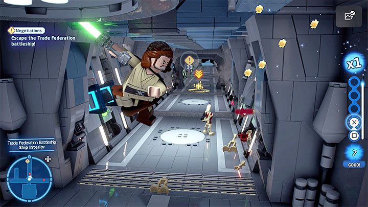 Rozpocznie się scena ucieczki z okrętu wojennego, w trakcie której musicie atakować wrogie droidy - LEGO Skywalker Saga: Ktoś silniejszy (A Bigger Fish) - solucja, opis przejścia - LEGO Skywalker Saga - poradnik do gry