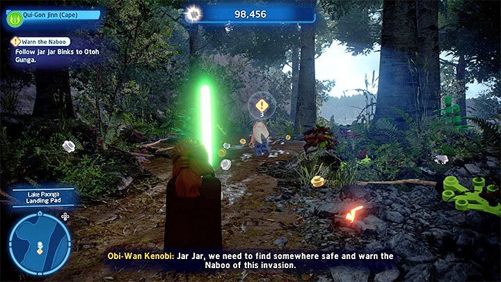Znajdziecie się w lokacji jezioro Paonga (Lake Paonga) i na początek porozmawiajcie z Jar Jarem - LEGO Skywalker Saga: Ktoś silniejszy (A Bigger Fish) - solucja, opis przejścia - LEGO Skywalker Saga - poradnik do gry