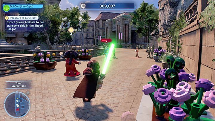 W drodze do innej części miasta spodziewajcie się napotkania droidów i stosujcie znane sztuczki z odbijaniem pocisków i rzucaniem mieczem żeby się ich łatwiej pozbyć - LEGO Skywalker Saga: Wyścig Boonta Classic (The Boonta Eve Classic) - solucja, opis przejścia - LEGO Skywalker Saga - poradnik do gry